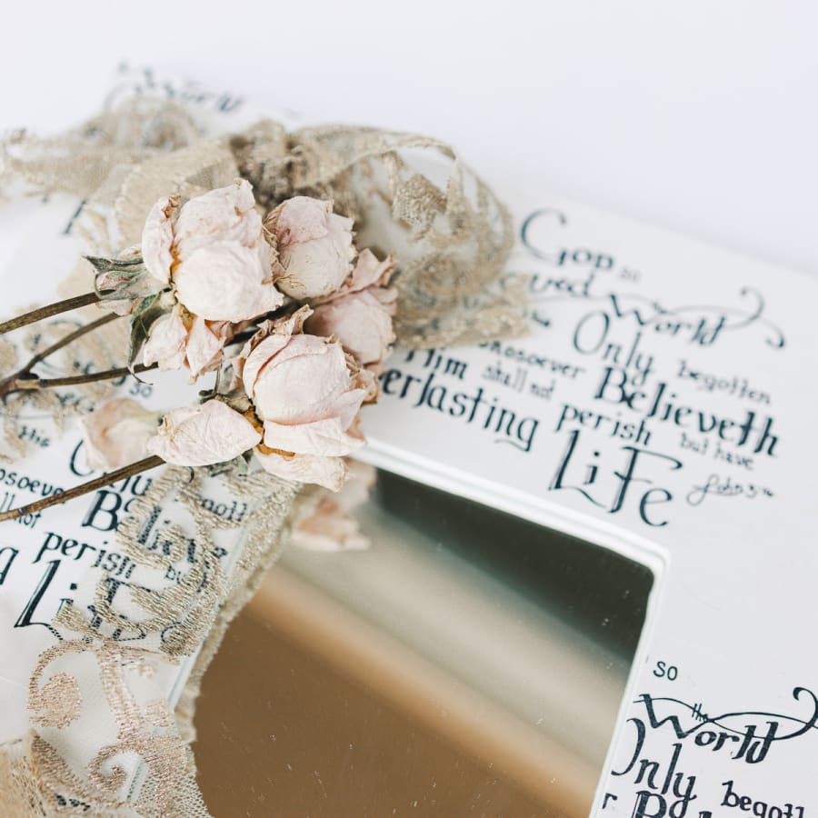 decoupage mirror, bible verse, John 3:16, graphic, dried rose, bouquet