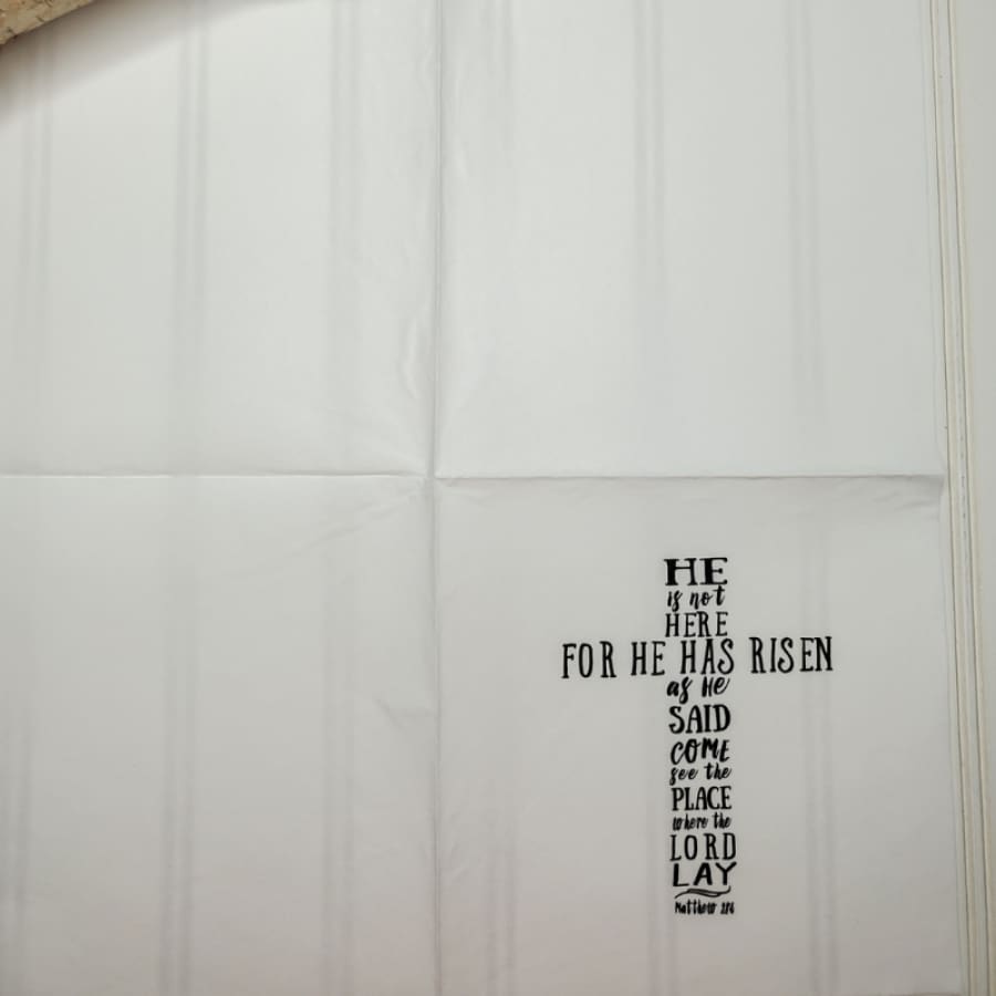 decoupage napkin, dinner size, craft paper, cross, Matthew 28:6, he has risen